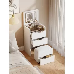 (60cm)3 in 1 Vanity Desk with Plip Top Mirror,Small Make Up Vanity Set with Visible Glass Desktop,Compact Makeup Vanity with 3 Drawers,Cushioned Tool,Dressing Table for Bedroom