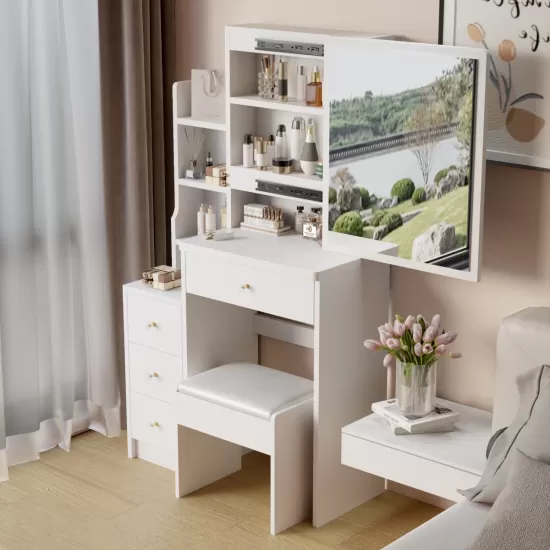29.2 Inch Small Space Left Bedside Cabinet Vanity Table + Cushioned Stool, Extra Large Right sliding mirror, Multi Layer High Capacity Storage, Practical Fashionable Dresser, Suitable For Small Space 29.2 Inch Small Space Left Bedside Cabinet Vanity Table + Cushioned Stool, Extra Large Right sliding mirror, Multi Layer High Capacity Storage, Practical Fashionable Dresser, Suitable For Small Space