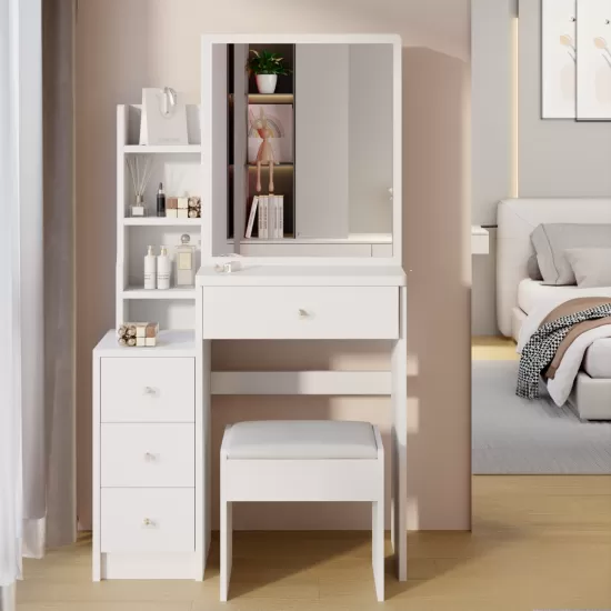 29.2 Inch Small Space Left Bedside Cabinet Vanity Table + Cushioned Stool, Extra Large Right sliding mirror, Multi Layer High Capacity Storage, Practical Fashionable Dresser, Suitable For Small Space 29.2 Inch Small Space Left Bedside Cabinet Vanity Table + Cushioned Stool, Extra Large Right sliding mirror, Multi Layer High Capacity Storage, Practical Fashionable Dresser, Suitable For Small Space