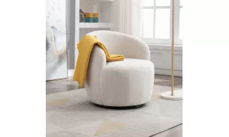   

Teddy Fabric Swivel Accent Armchair: Stylish Ivory White Barrel Chair with Black Metal Ring for $199.21