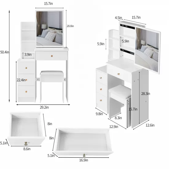 29.2 Inch Small Space Left Bedside Cabinet Vanity Table + Cushioned Stool, Extra Large Right sliding mirror, Multi Layer High Capacity Storage, Practical Fashionable Dresser, Suitable For Small Space 29.2 Inch Small Space Left Bedside Cabinet Vanity Table + Cushioned Stool, Extra Large Right sliding mirror, Multi Layer High Capacity Storage, Practical Fashionable Dresser, Suitable For Small Space