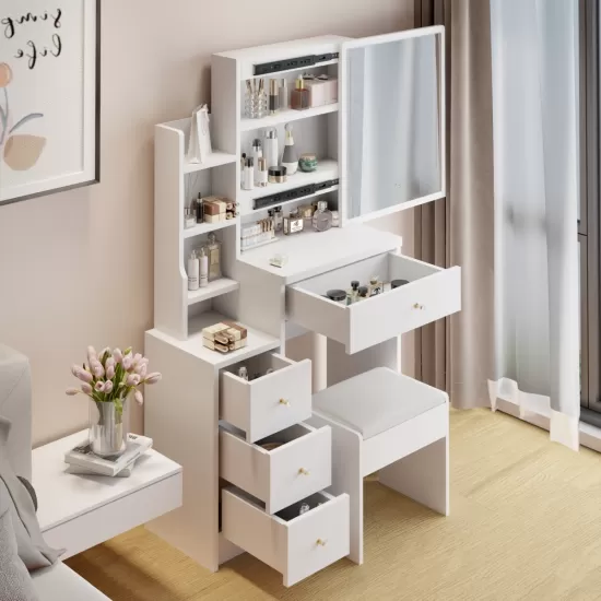29.2 Inch Small Space Left Bedside Cabinet Vanity Table + Cushioned Stool, Extra Large Right sliding mirror, Multi Layer High Capacity Storage, Practical Fashionable Dresser, Suitable For Small Space 29.2 Inch Small Space Left Bedside Cabinet Vanity Table + Cushioned Stool, Extra Large Right sliding mirror, Multi Layer High Capacity Storage, Practical Fashionable Dresser, Suitable For Small Space