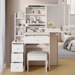 29.2 Inch  Small Space Left Bedside Cabinet Vanity Table + Cushioned Stool, Extra Large Right sliding mirror, Multi Layer High Capacity Storage, Practical Fashionable Dresser, Suitable For Small Space
