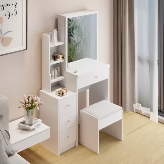 29.2 Inch Small Space Left Bedside Cabinet Vanity Table + Cushioned Stool, Extra Large Right sliding mirror, Multi Layer High Capacity Storage, Practical Fashionable Dresser, Suitable For Small Space 29.2 Inch Small Space Left Bedside Cabinet Vanity Table + Cushioned Stool, Extra Large Right sliding mirror, Multi Layer High Capacity Storage, Practical Fashionable Dresser, Suitable For Small Space