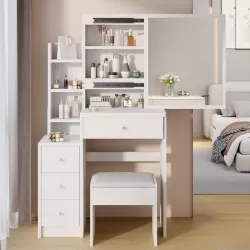 29.2 Inch  Small Space Left Bedside Cabinet Vanity Table + Cushioned Stool, Extra Large Right sliding mirror, Multi Layer High Capacity Storage, Practical Fashionable Dresser, Suitable For Small Space