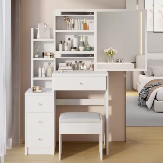 29.2 Inch Small Space Left Bedside Cabinet Vanity Table + Cushioned Stool, Extra Large Right sliding mirror, Multi Layer High Capacity Storage, Practical Fashionable Dresser, Suitable For Small Space 29.2 Inch Small Space Left Bedside Cabinet Vanity Table + Cushioned Stool, Extra Large Right sliding mirror, Multi Layer High Capacity Storage, Practical Fashionable Dresser, Suitable For Small Space