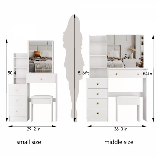 29.2 Inch Small Space Left Bedside Cabinet Vanity Table + Cushioned Stool, Extra Large Right sliding mirror, Multi Layer High Capacity Storage, Practical Fashionable Dresser, Suitable For Small Space 29.2 Inch Small Space Left Bedside Cabinet Vanity Table + Cushioned Stool, Extra Large Right sliding mirror, Multi Layer High Capacity Storage, Practical Fashionable Dresser, Suitable For Small Space